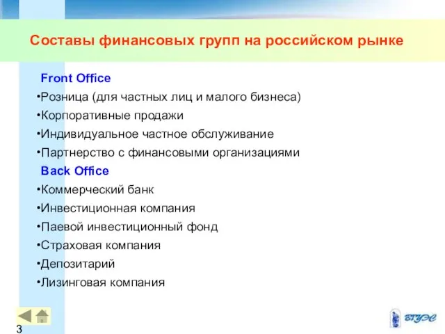 Составы финансовых групп на российском рынке Front Office Розница (для частных