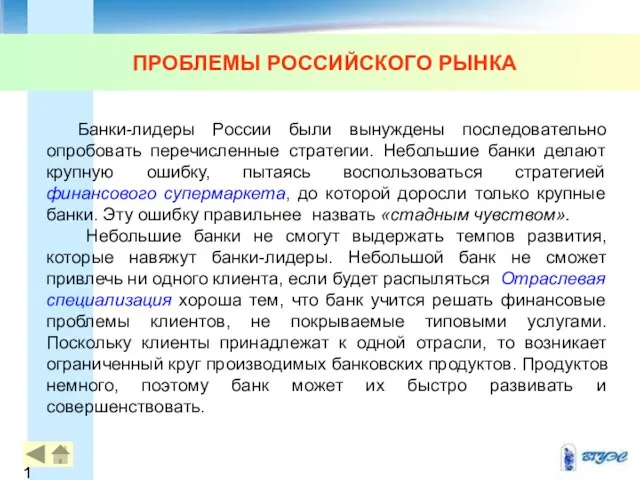 ПРОБЛЕМЫ РОССИЙСКОГО РЫНКА Банки-лидеры России были вынуждены последовательно опробовать перечисленные стратегии.