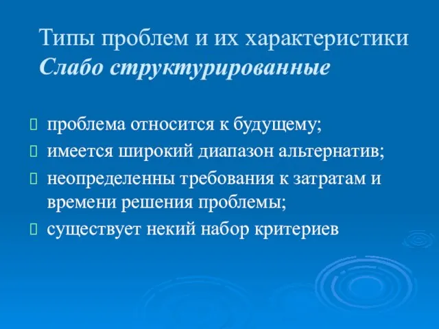 Типы проблем и их характеристики Слабо структурированные проблема относится к будущему;