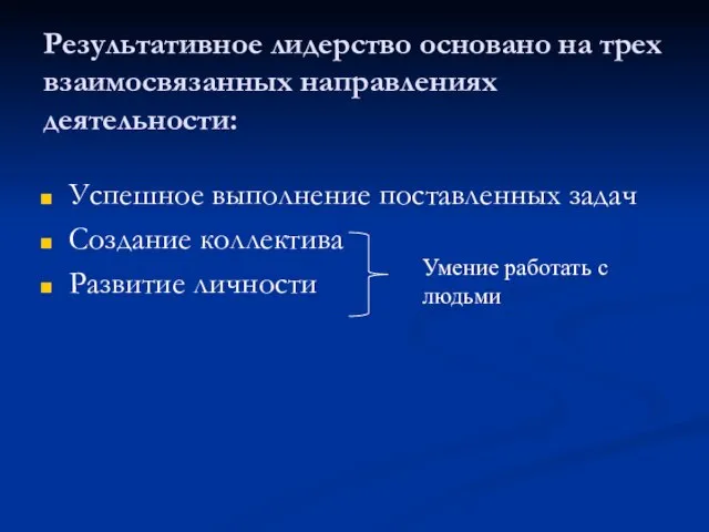 Результативное лидерство основано на трех взаимосвязанных направлениях деятельности: Успешное выполнение поставленных