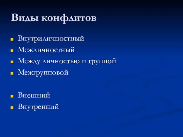 Виды конфлитов Внутриличностный Межличностный Между личностью и группой Межгрупповой Внешний Внутренний