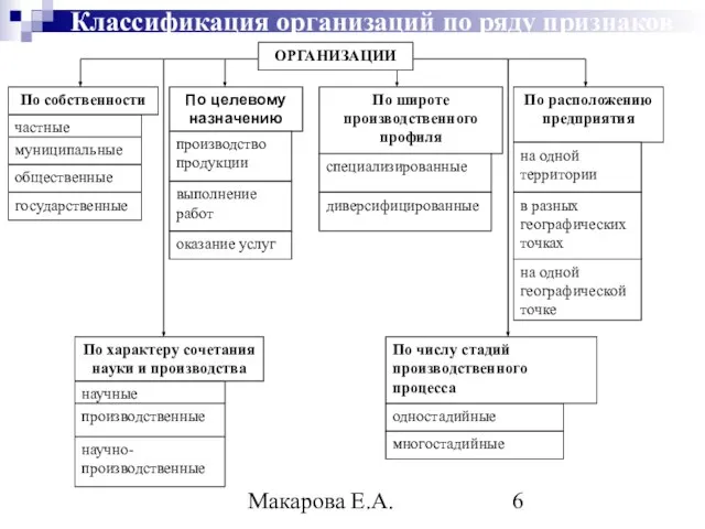Макарова Е.А. Классификация организаций по ряду признаков частные государственные муниципальные общественные