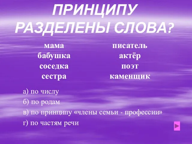 ПО КАКОМУ ПРИНЦИПУ РАЗДЕЛЕНЫ СЛОВА? мама бабушка соседка сестра писатель актёр