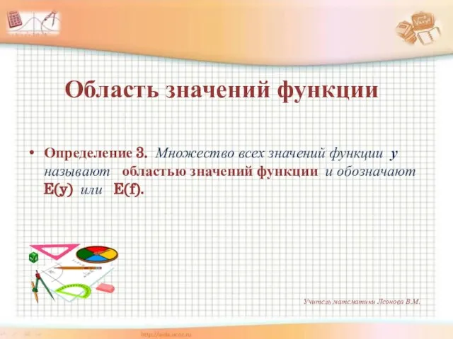 Область значений функции Определение 3. Множество всех значений функции у называют