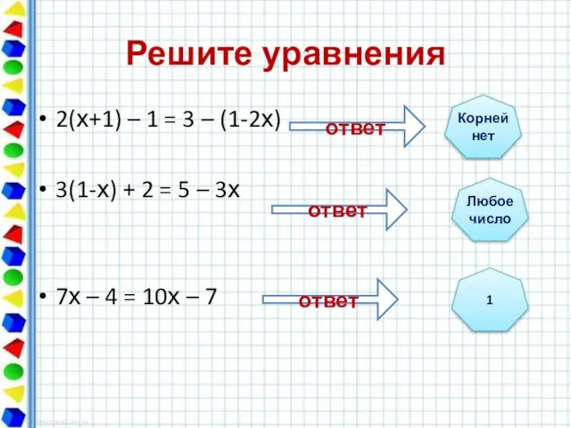 Решите уравнения 2(х+1) – 1 = 3 – (1-2х) 3(1-х) +