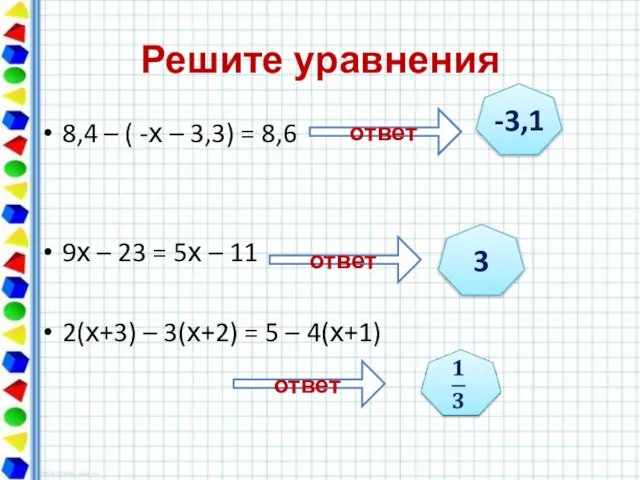 Решите уравнения 8,4 – ( -х – 3,3) = 8,6 9х