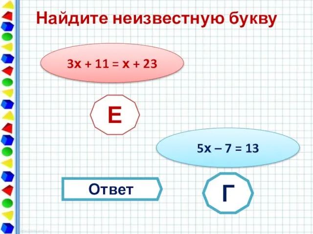 Найдите неизвестную букву 3х + 11 = х + 23 Е