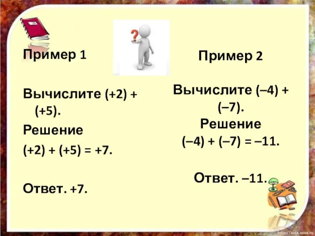 Пример 2 Вычислите (–4) + (–7). Решение (–4) + (–7) =