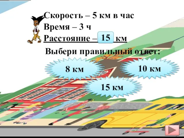 Скорость – 5 км в час Время – 3 ч Расстояние