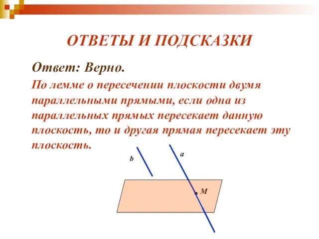 ОТВЕТЫ И ПОДСКАЗКИ Ответ: Верно. По лемме о пересечении плоскости двумя