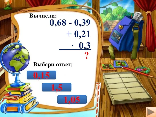 Вычисли: 0,68 - 0,39 + 0,21 · 0,3 ? Выбери ответ: 1,5 0,15 1,05