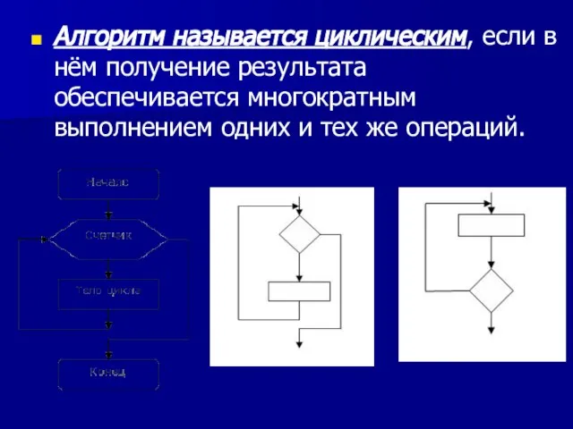 Алгоритм называется циклическим, если в нём получение результата обеспечивается многократным выполнением одних и тех же операций.