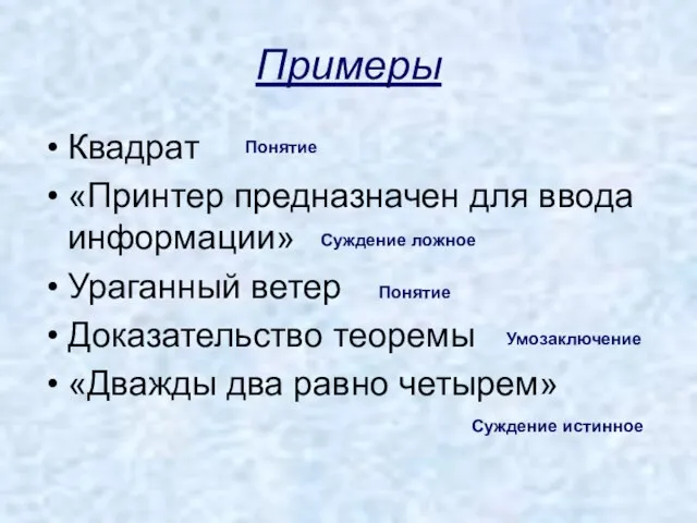 Примеры Квадрат «Принтер предназначен для ввода информации» Ураганный ветер Доказательство теоремы