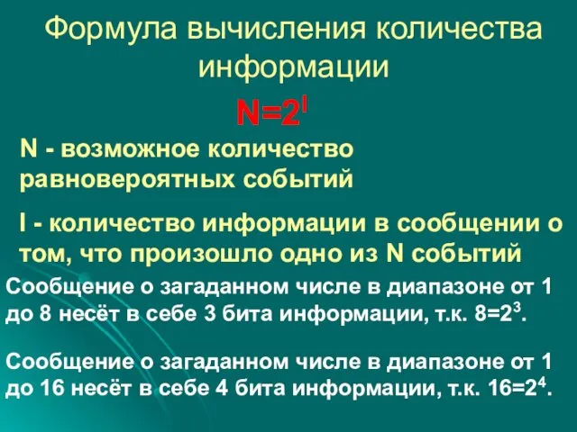 Формула вычисления количества информации N=2I N - возможное количество равновероятных событий