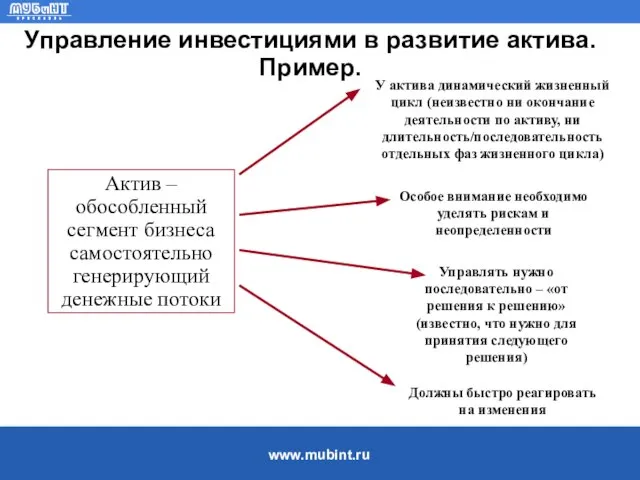 Управление инвестициями в развитие актива. Пример. Должны быстро реагировать на изменения