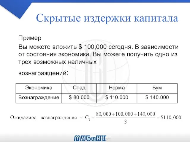 Скрытые издержки капитала Пример Вы можете вложить $ 100,000 сегодня. В