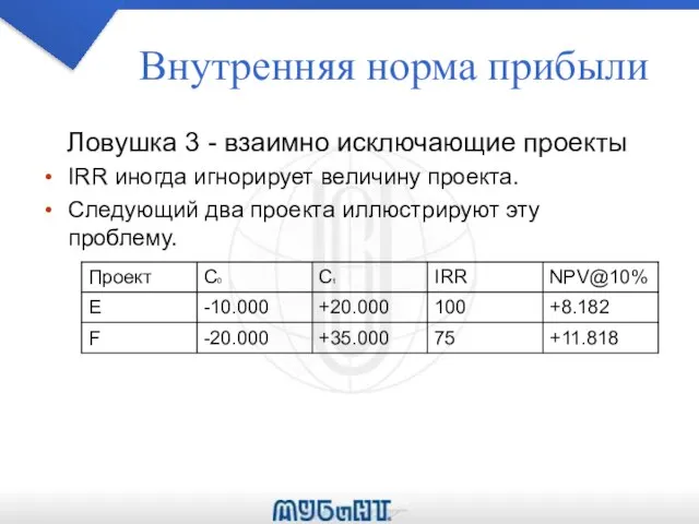 Внутренняя норма прибыли Ловушка 3 - взаимно исключающие проекты IRR иногда