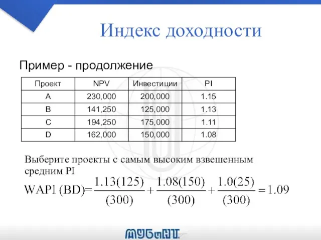 Индекс доходности Пример - продолжение Выберите проекты с самым высоким взвешенным средним PI