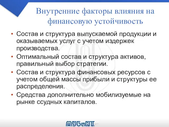 Внутренние факторы влияния на финансовую устойчивость Состав и структура выпускаемой продукции