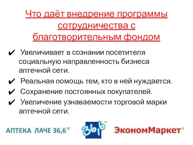 Что даёт внедрение программы сотрудничества с благотворительным фондом Увеличивает в сознании