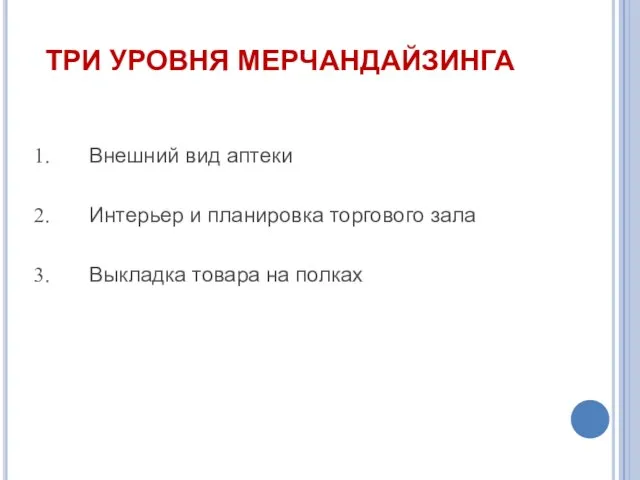 ТРИ УРОВНЯ МЕРЧАНДАЙЗИНГА Внешний вид аптеки Интерьер и планировка торгового зала Выкладка товара на полках