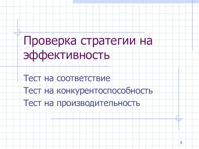 Проверка стратегии на эффективность Тест на соответствие Тест на конкурентоспособность Тест на производительность