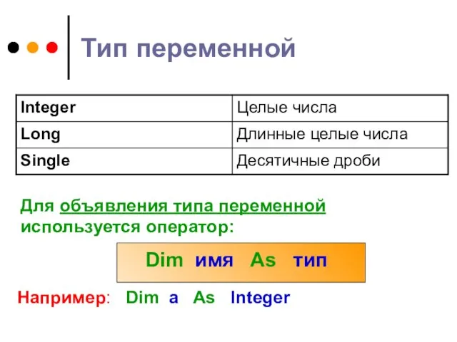 Тип переменной Для объявления типа переменной используется оператор: Dim имя As
