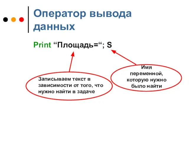 Оператор вывода данных Print “Площадь=“; S Записываем текст в зависимости от