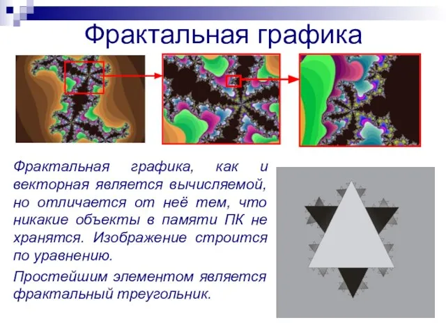 Фрактальная графика Фрактальная графика, как и векторная является вычисляемой, но отличается