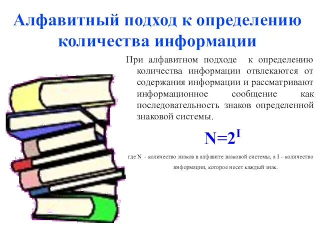 Алфавитный подход к определению количества информации При алфавитном подходе к определению