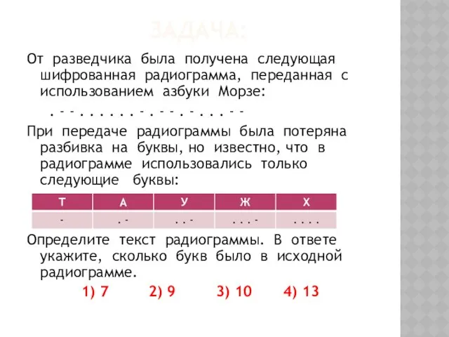 Задача: От разведчика была получена следующая шифрованная радиограмма, переданная с использованием