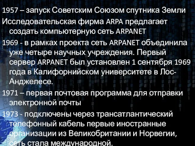 1957 – запуск Советским Союзом спутника Земли Исследовательская фирма ARPA предлагает