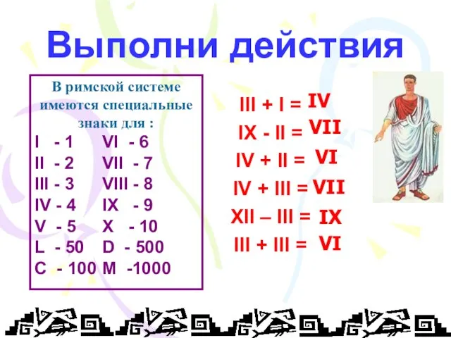 Выполни действия III + I = IX - II = IV