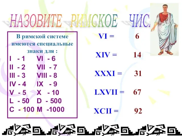 НАЗОВИТЕ РИМСКОЕ ЧИСЛО В римской системе имеются специальные знаки для :