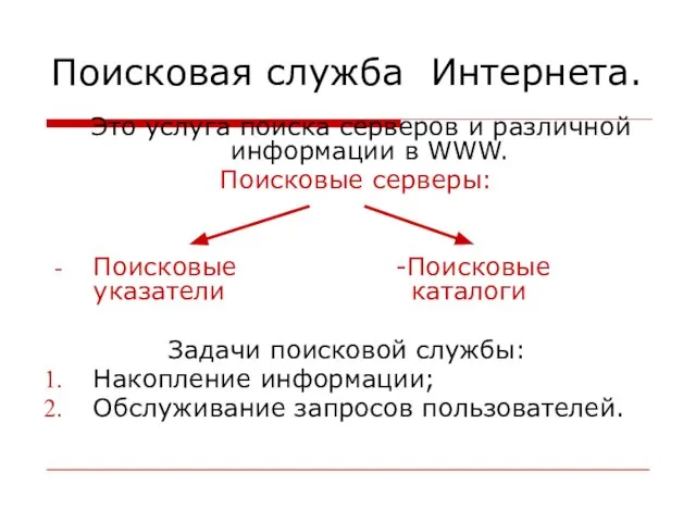 Поисковая служба Интернета. Это услуга поиска серверов и различной информации в