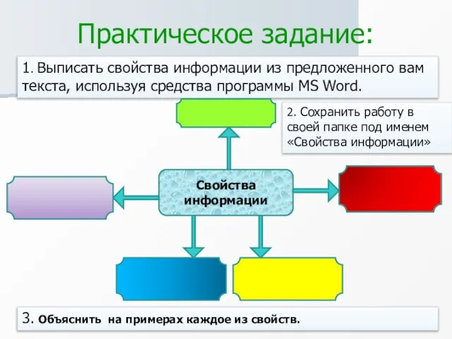 Практическое задание: 1. Выписать свойства информации из предложенного вам текста, используя