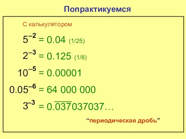 = 0.125 (1/8) 5 –2 Попрактикуемся = 0.04 (1/25) 2 –3