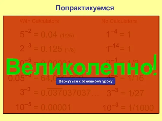 5 –2 Попрактикуемся = 0.04 (1/25) 2 –3 = 0.125 (1/8)