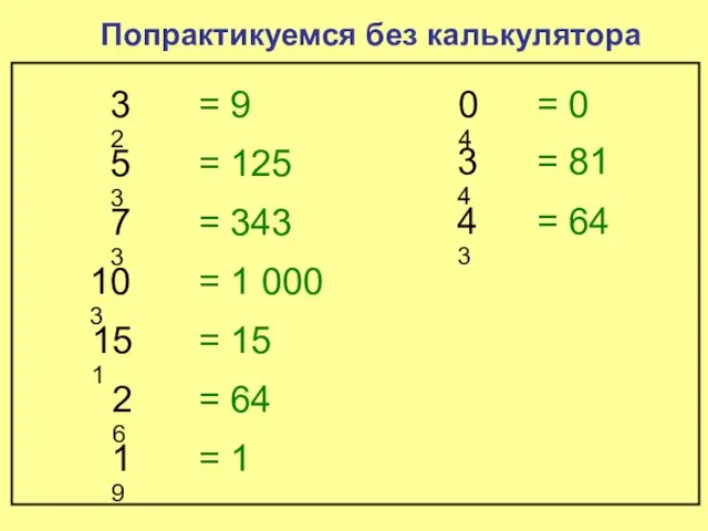 Попрактикуемся без калькулятора 32 = 9 53 = 125 73 =