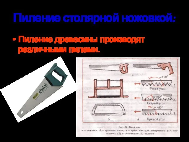 Пиление столярной ножовкой: Пиление древесины производят различными пилами.