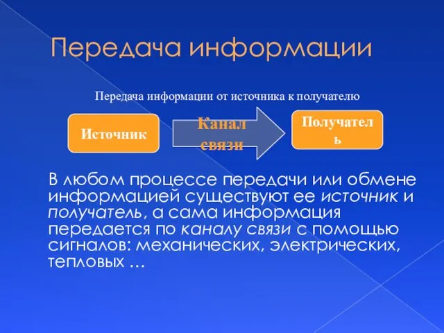 Передача информации В любом процессе передачи или обмене информацией существуют ее