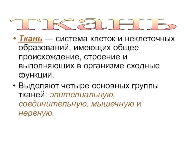 Ткань — система клеток и неклеточных образований, имеющих общее происхождение, строение