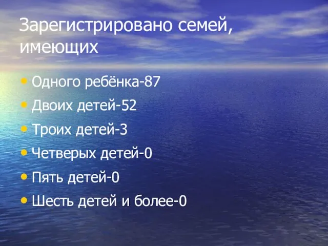 Зарегистрировано семей, имеющих Одного ребёнка-87 Двоих детей-52 Троих детей-3 Четверых детей-0