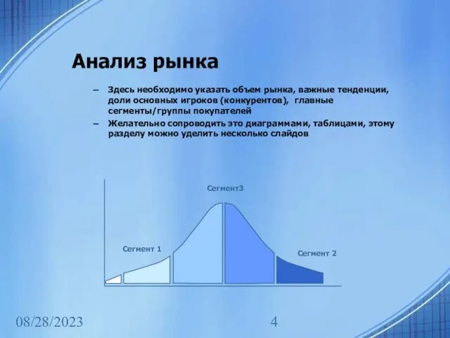 08/28/2023 Анализ рынка Здесь необходимо указать объем рынка, важные тенденции, доли