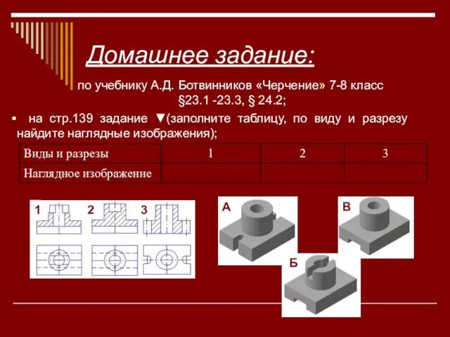 Домашнее задание: по учебнику А.Д. Ботвинников «Черчение» 7-8 класс §23.1 -23.3,