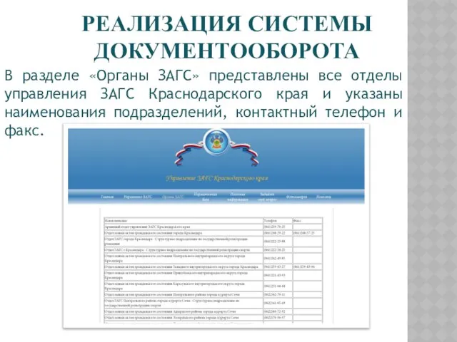 РЕАЛИЗАЦИЯ СИСТЕМЫ ДОКУМЕНТООБОРОТА В разделе «Органы ЗАГС» представлены все отделы управления