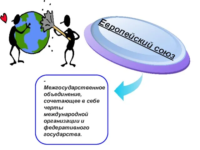 - Межгосударственное объединение, сочетающее в себе черты международной организации и федеративного государства. Европейский союз