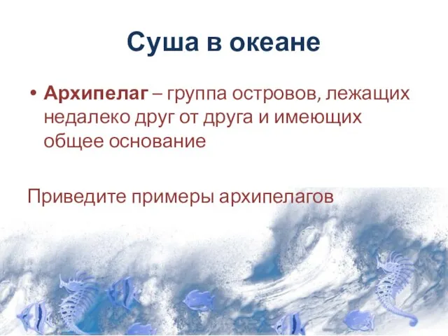 Суша в океане Архипелаг – группа островов, лежащих недалеко друг от