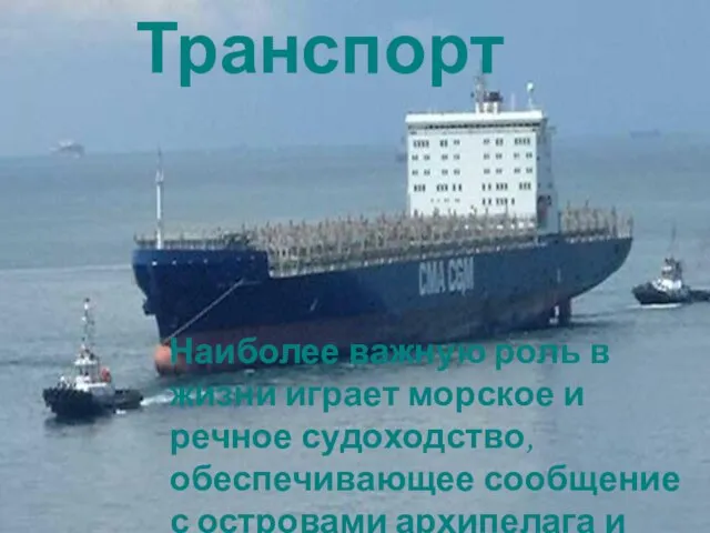 Транспорт Наиболее важную роль в жизни играет морское и речное судоходство,