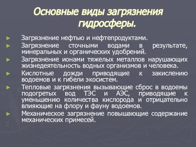 Основные виды загрязнения гидросферы. Загрязнение нефтью и нефтепродуктами. Загрязнение сточными водами